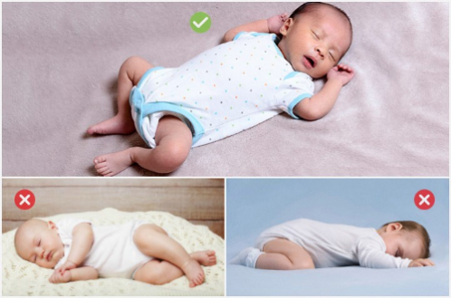 Sleeping Positions for babies and newborns. On back is good, onside and stomach are not good.
